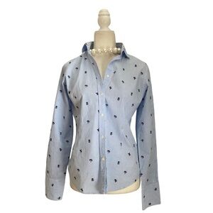 Vilagallo Blouse Striped button down Top Cotton embroidered Tropical Motif  S/M